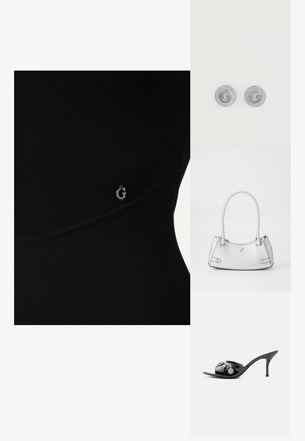 Schwarzes Sportoberteil mit geripptem Material, das ein dezentes silbernes Logo an der Seite und ein elegantes, eng anliegendes Design aufweist.; Schwarzer Lackleder High-Heel Mule mit offenem Zehenbereich und dekorativen silbernen Anhängern, darunter eine Blume und ein Vorhängeschloss am vorderen Riemen.; Silberne Handtasche mit einem strukturierten Design, ausgestattet mit zwei Griffen, glänzender Oberfläche, Akzentbeschlägen und einem dreieckigen Logo auf der Vorderseite.; Runde silberne Steckerohrringe mit dem Buchstaben G in der Mitte, umgeben von zwei Reihen kleiner klarer Kristalle.