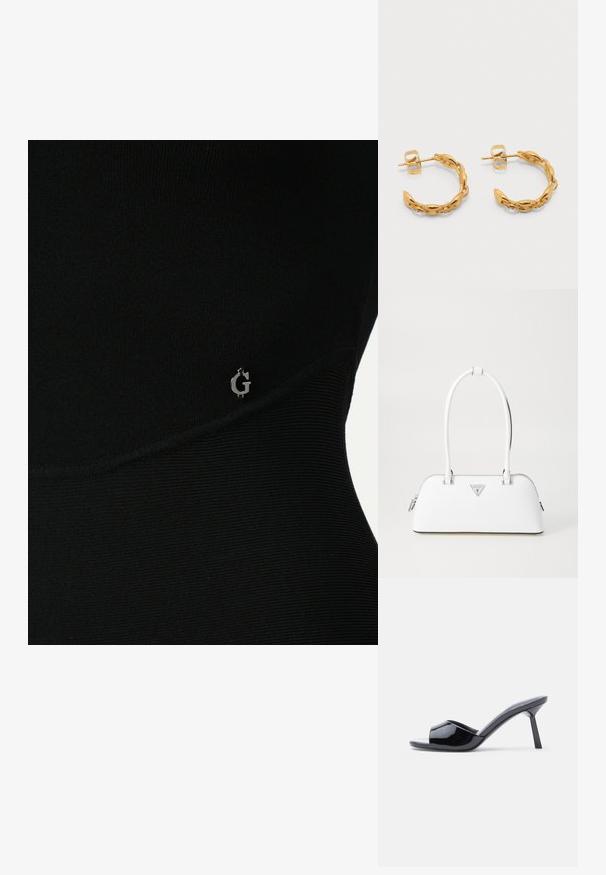 Top atlético negro con textura acanalada, que presenta un sutil logo plateado en el lateral y un diseño ajustado y elegante.; Sandalias de tacón con punta abierta de charol negro, con un diseño superior curvado y tacón de aguja cónico. Acabado liso y brillante.; Bolso de cuero blanco con forma curva, que presenta un logo triangular plateado y cierre de cremallera. Textura lisa y dos asas.; Par de pequeños pendientes de aro dorados retorcidos con cierre de poste y mariposa sobre fondo blanco.