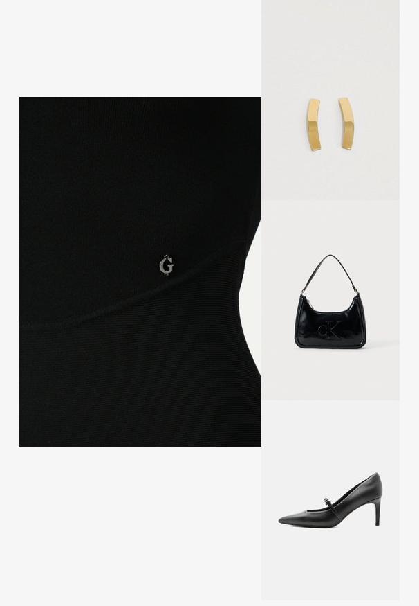 Top atlético negro con textura acanalada, que presenta un sutil logo plateado en el lateral y un diseño ajustado y elegante.; Zapato de tacón alto de cuero negro con punta puntiaguda, con tira fina y hebilla sobre el empeine, sobre fondo claro y neutro.; Bolso de mano de piel sintética negra con un asa curvada en la parte superior, cierre de cremallera y logo "cK" en relieve en el frente. Textura suave, forma estructurada.; Pendientes de metal en tono dorado con un diseño curvado y alargado. La superficie es lisa y pulida, presentando un estilo minimalista.