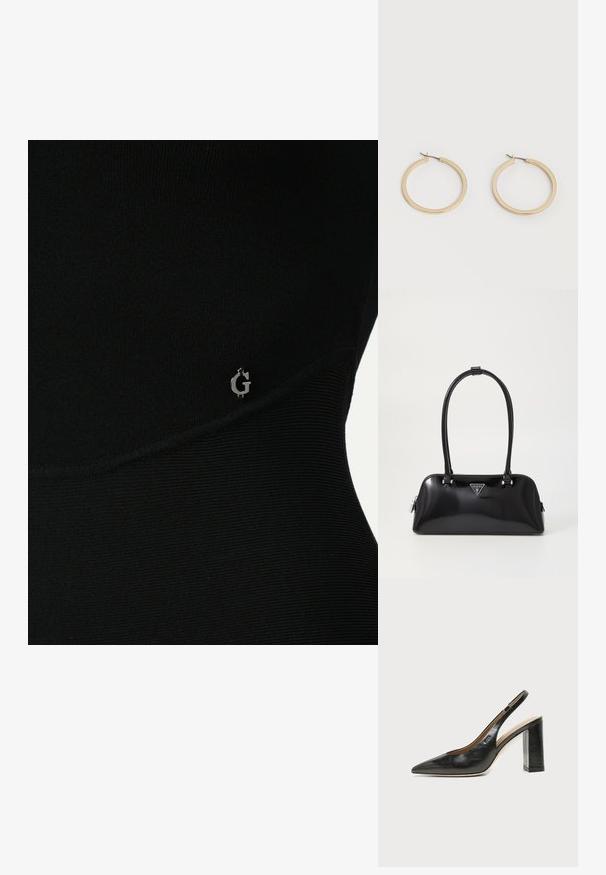 Sort atletisk top med ribbet tekstur, der har et subtilt sølvlogo på siden og et slankt, tætsiddende design.; Sort læder peep-toe slingback sko med høj blokhæl og beige indvendig foring mod en ensfarvet lys baggrund.; Sort glanshandtaske med en buet silhuet, to håndtag og en frontlogo-plakette. Lynlås lukning og skinnende hardware-detaljer.; Par af glatte guldfarvede mellemstore øreringe med hængsellukning på en ensartet lys baggrund.