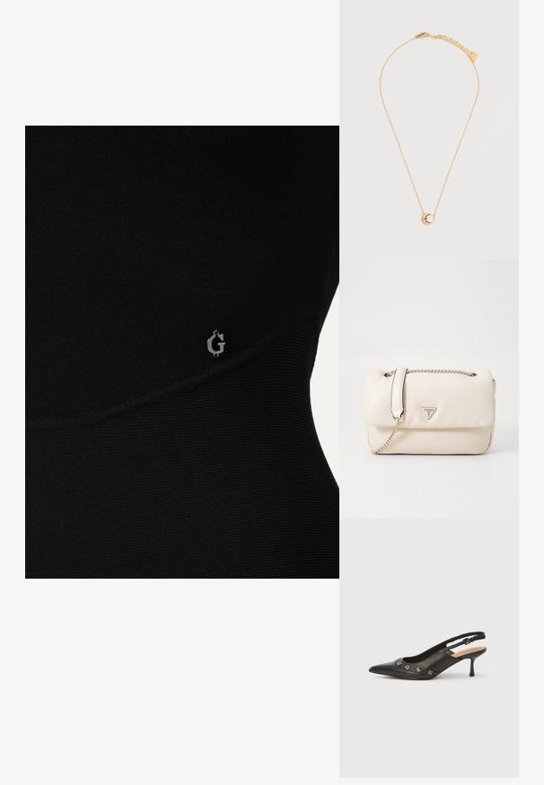 Schwarzes Sportoberteil mit geripptem Material, das ein dezentes silbernes Logo an der Seite und ein elegantes, eng anliegendes Design aufweist.; Schwarzer Leder-Pumps mit Slingback, spitzer Spitze, kleinem Absatz und dekorativen metallischen Akzenten entlang der vorderen Öffnung. Glatte Textur.; Beige Handtasche aus Kunstleder mit goldener Kettenriemen und Plakettenlogo. Verfügt über einen Klappdeckel und eine glatte Textur mit minimalistischem Design.; Zarte goldene Halskette mit einer Mondsichel-Anhänger, der einen runden, klaren Edelstein umschließt, und einem kleinen Stern-Detail in der Nähe des Verschlusses.