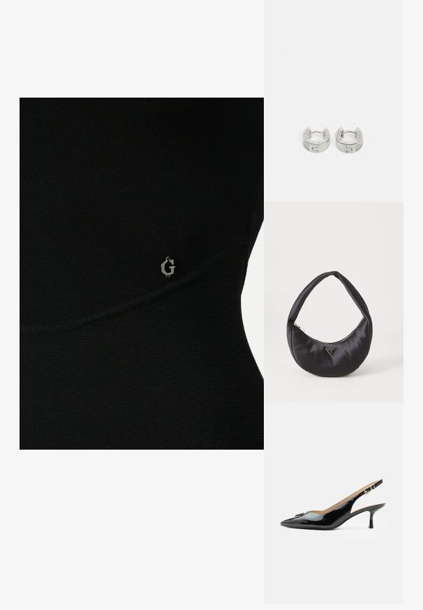 Zwarte sporttop met ribbelstructuur, voorzien van een subtiele zilveren logo aan de zijkant en een slank, nauwsluitend ontwerp.; Zwarte lakleren slingback hak met spitse neus, kleine kittenhak en zilveren gespsluiting op een effen witte achtergrond.; Zwarte satin handtas met een gebogen vorm, voorzien van een ritssluiting en een driehoekig metalen logo aan de voorkant. Gladde textuur en een slank ontwerp.; Guess STYLISH - Oorbellen - silver-coloured