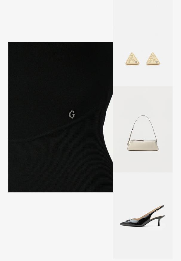 Čierny športový top s ryhovanou textúrou, s jemným strieborným logom na boku a elegantným, priliehavým strihom.; Čierny lakovaný slingback s špicatou špičkou, nízkym kitten opätkom a striebornou prackou na čistom bielom pozadí.; Malá béžová kožená kabelka cez rameno s tenkým remienkom a zipsom, označená nenápadným kovovým logom v strede prednej časti.; Guess PARTY - Náušnice - gold-coloured