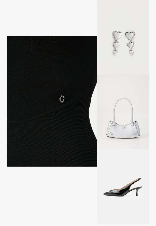 Schwarzes Sportoberteil mit geripptem Material, das ein dezentes silbernes Logo an der Seite und ein elegantes, eng anliegendes Design aufweist.; Schwarzer Pumps mit Riemchen aus Lackleder, spitz zulaufender Zehenpartie, kleinem Kitten-Heel und silberner Schnalle auf weißem Hintergrund.; Silberne Handtasche mit einem strukturierten Design, ausgestattet mit zwei Griffen, glänzender Oberfläche, Akzentbeschlägen und einem dreieckigen Logo auf der Vorderseite.; Silberne herzförmige Ohrringe mit drei herabfallenden Herzen, akzentuiert durch funkelnde Strasssteine. Reflektierende Oberfläche mit eingraviertem Markennamen.