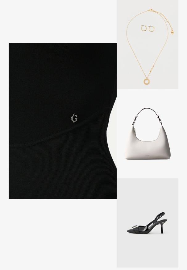 Zwarte sporttop met ribbelstructuur, voorzien van een subtiele zilveren logo aan de zijkant en een slank, nauwsluitend ontwerp.; Zwarte pumps met slingback van lakleer, voorzien van een puntige neus en een metalen detail op de wreef. Heeft een slanke hak en een verstelbare band.; Romige Calvin Klein leren schoudertas met gebogen bovenrand, zilveren rits en donkerbruine verstelbare riem.; Goudkleurige ketting met een ronde hanger en een geëtst detailkoord; inclusief bijpassende gouden creolen met een gestructureerde afwerking.