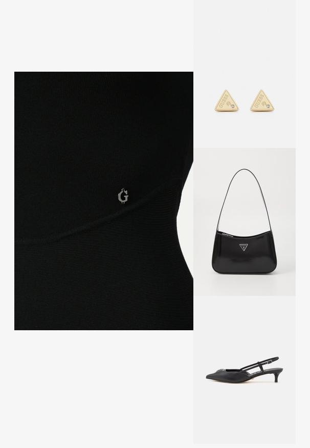Top atlético negro con textura acanalada, que presenta un sutil logo plateado en el lateral y un diseño ajustado y elegante.; Zapatos slingback negros con punta afilada, hechos de material suave, con un pequeño tacón y un acento decorativo plateado en el empeine.; Bolso de hombro de charol negro con forma curva, que presenta un logotipo triangular plateado y un cierre de cremallera. Textura suave y correa delgada.; Guess PARTY - Pendientes - gold-coloured