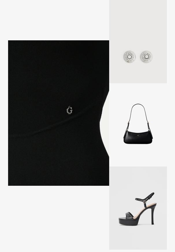 Schwarzes Sportoberteil mit geripptem Material, das ein dezentes silbernes Logo an der Seite und ein elegantes, eng anliegendes Design aufweist.; Schwarze Plateausandalen mit hohem Stiletto-Absatz, ausgestattet mit einem glatten Lederobermaterial, einem Peeptoe-Design und einem verstellbaren Knöchelriemen mit Metallbeschlägen.; Schwarze kleine Lederschultertasche mit dünnem Riemen und kleinem goldenem CK-Logo auf der Vorderseite in der Mitte.; Runde Ohrstecker aus Silber mit einem zentralen klaren Stein, umgeben von kleineren Steinen und dem eingravierten "GUESS"-Logo am Rand.