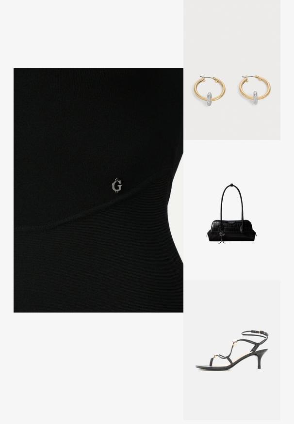Top atlético negro con textura acanalada, que presenta un sutil logo plateado en el lateral y un diseño ajustado y elegante.; Sandalia negra con tiras, tacón medio, cuentas doradas de acento y una correa en el tobillo con hebilla sobre fondo blanco.; Bolso de hombro negro de cuero con textura de cocodrilo, con correas largas y un pequeño colgante de logo plateado en una correa.; Par de pendientes de aro en tono dorado con pequeño detalle de aro en tono plateado en cada uno, expuestos sobre un fondo gris claro.