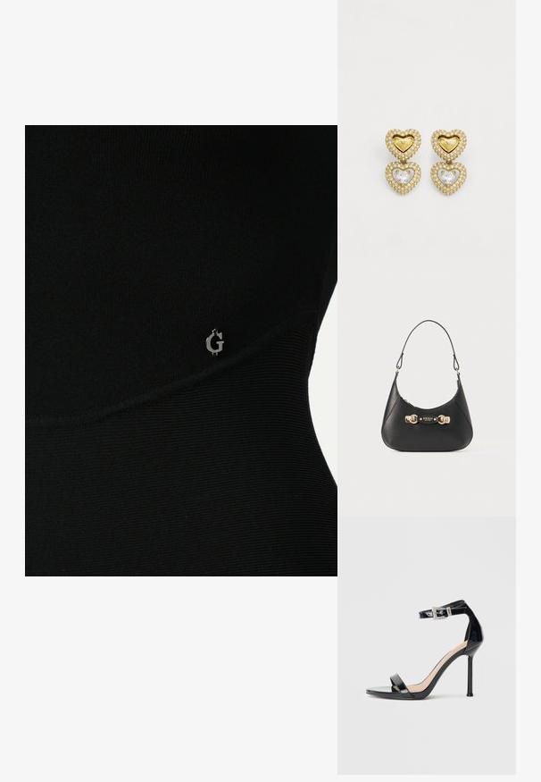 Top atlético negro con textura acanalada, que presenta un sutil logo plateado en el lateral y un diseño ajustado y elegante.; Sandalia de tacón alto en piel sintética negra con correa en el tobillo. Presenta un diseño minimalista, punta abierta y una hebilla con detalles de pedrería.; Bolso de cuero negro con una silueta curvada, que cuenta con un asa superior, herrajes en tono dorado y una placa con el logo en el frente. Textura suave.; Pendientes en forma de corazón de oro con un centro de piedra clara, rodeado de brillantes claros. Texto "GUESS" visible en el corazón superior.