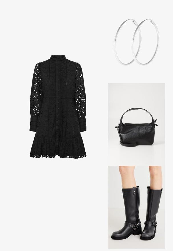 Schwarzes besticktes Kleid mit hohem Kragen, Knopfverschluss, langen Ärmeln und gerüschtem Saum. Es weist ausgeschnittene florale und geometrische Muster auf.; Schwarze Lederstiefel bis zum Knie mit weiter Schaftweite, Riemenverzierungen, silbernen Beschlägen und flacher Sohle. Glatte Textur mit leichtem Glanz.; Schwarze Lederhandtasche mit strukturiertem Design, rundem Haltegriff und abnehmbarem Schulterriemen. Sie weist eine glatte Oberfläche und einen subtilen Glanz auf.; Silberfarbene Creolen mit einer glatten, runden Form und einer polierten Oberfläche. Beide Ohrringe haben die gleiche Größe und verfügen über einen sicheren Verschlussmechanismus.