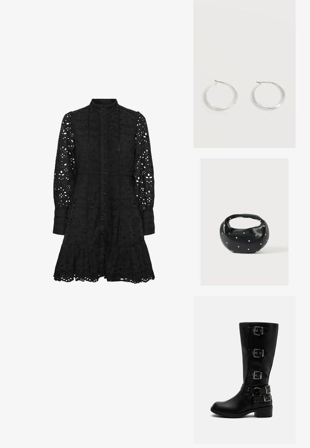 Schwarzes besticktes Kleid mit hohem Kragen, Knopfverschluss, langen Ärmeln und gerüschtem Saum. Es weist ausgeschnittene florale und geometrische Muster auf.; Schwarzer Lederstiefel bis zur Mitte der Wade mit vier verstellbaren Metallriemen und niedrigem Blockabsatz auf weißem Hintergrund.; Schwarze Lederhandtasche mit abgerundeter Form, verziert mit silbernen Nietenakzenten und kurzem Griff. Glatte Struktur und Reißverschlussverschluss.; Silberne Metallcreolen mit glatter, leicht gebogener Oberfläche und Klappverschluss vor schlicht weißem Hintergrund.