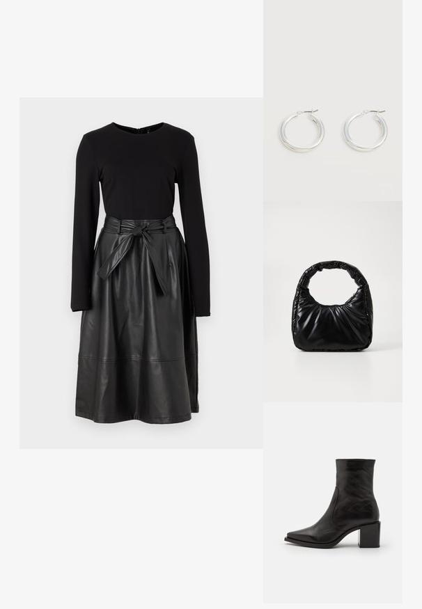 Zwarte long sleeve top gecombineerd met een zwarte faux leren rok, met een gestrikt tailleband en een gladde, glanzende textuur.; Zwarte leren enkellaars met een vierkante neus en blokhak. Het ontwerp heeft een gladde textuur en minimale stikdetails.; Zwarte gevoerde handtas met een ronde handgreep, met een gladde, glanzende oppervlakte en een zachte, gewatteerde textuur. Geen zichtbare metalen onderdelen of accenten.; Een paar middelgrote glanzende zilveren oorringen met dunne metalen sluitingen op een lichte neutrale achtergrond.