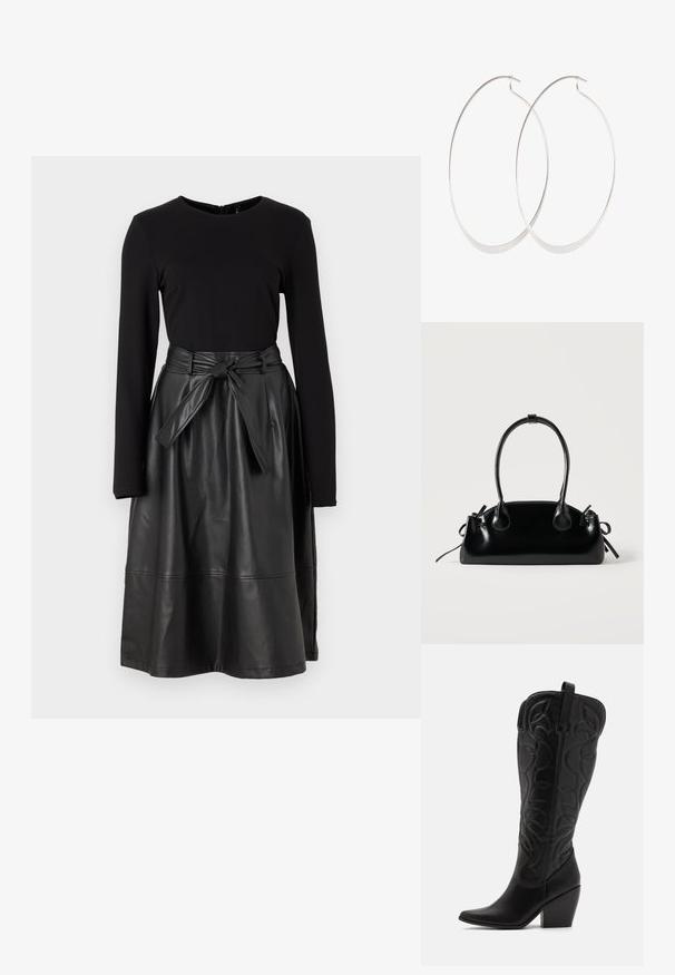 Zwarte long sleeve top gecombineerd met een zwarte faux leren rok, met een gestrikt tailleband en een gladde, glanzende textuur.; Zwarte leren kniehoge laarzen met puntige neus en gestapelde hak. Voorzien van decoratief stiksel en gebogen designelementen.; Kleine zwarte glanzende handtas met twee lange hengsels en zijkant trekkoord details op een effen lichte achtergrond.; Zilveren oorringen met een dun, glad ontwerp; langwerpige ovale vorm; gepolijste afwerking; voorzien van een veilige haaksluiting.