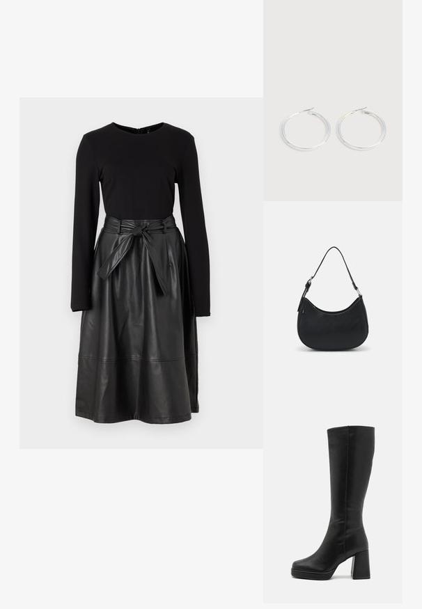 Sort langærmet top kombineret med en sort skørtafælles læder, der har en bundet talje og en glat, skinnende tekstur.; Anna Field by Zalando Højhælede støvler - black; Sort hobo taske lavet af glat læder med en buet silhuet, der har en enkelt justerbar skulderrem og minimalistiske designdetaljer.; Par skinnende sølvøreringe med tynde trådlåse, vist på en lys grå baggrund.