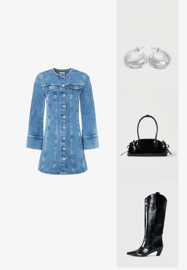 Jeanskleid mit einem hellblauen Waschung, Knopfverschluss vorne, zwei Brusttaschen und langen Ärmeln. Verfügt über strukturierte Nähte und einen ausgestellten Rock.; Schwarze kniehohe Stiefel aus Leder mit spitzem Zeh, niedrigem Absatz und dekorativen Nähten an den Seiten. Glatte, glänzende Oberfläche.; Kleine schwarze glänzende Handtasche mit zwei langen Griffen und seitlichen Kordelzug-Details vor einfachem hellem Hintergrund.; Ein Paar polierte silberne, halbmondförmige Creolen mit klaren Kunststoffrückseiten auf einer weißen Oberfläche.