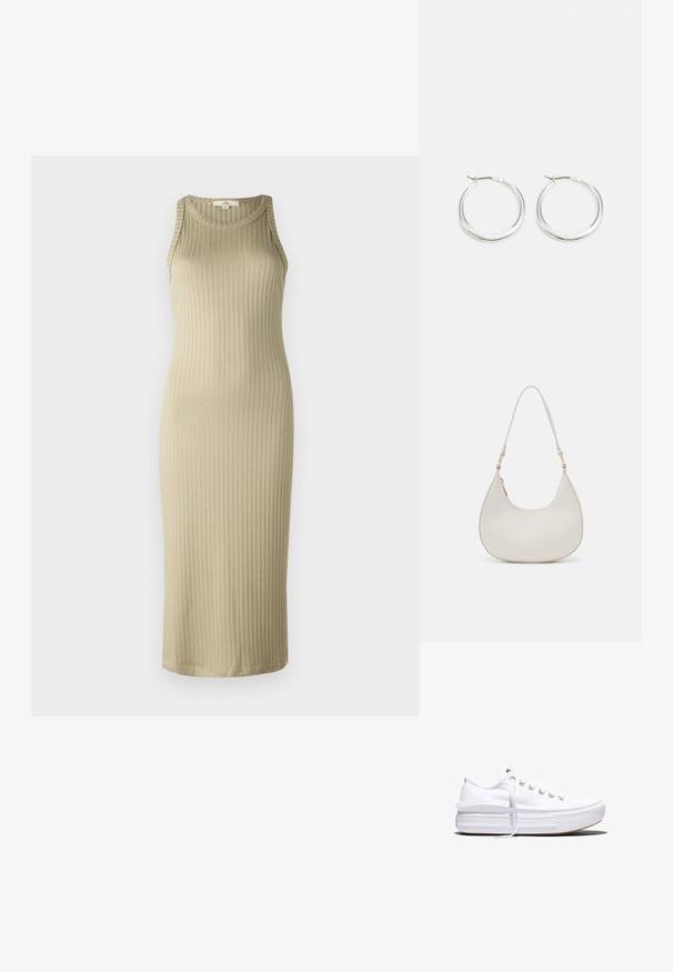Vestido midi beige de canalé con silueta ajustada, diseño sin mangas y escote redondeado; confeccionado en material suave y elástico.; Zapatilla blanca de lona de perfil bajo con suela gruesa de plataforma, cierre de cordones en el frente y puntera de goma texturizada, mostrada de perfil.; Bolso de hombro de cuero crema con forma de media luna, correa delgada y sutil detalle de costuras. Diseño minimalista con acentos de hardware en tono dorado.; Los pendientes de aro de plata presentan un diseño suave y redondeado con un perfil delgado y un cierre seguro. Estilo minimalista con un acabado pulido.