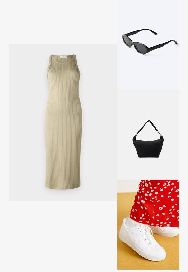 Ribbet, beige midi kjole med en tætsiddende silhuet, ærmeløs design og rund halsudskæring; lavet af blødt, strækbart materiale.; Hvide lædersneakers med blomsterprægede detaljer, rund tå og en tekstureret gummisål. Parret med røde bukser med hvidt blomsterprint.; Slanke sorte ovale solbriller med mørke linser og lige arme, hvilende på en hvid overflade.; Sort stof skuldertaske med en blød tekstureret overflade, rund form og en enkelt rem. Minimalistisk design uden synligt hardware eller accenter.