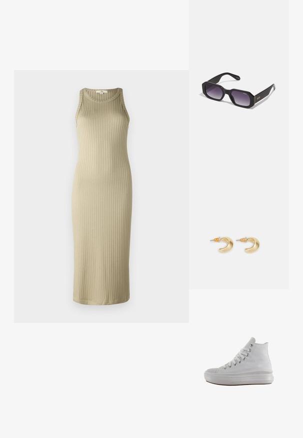 Geribbelde, beige midi jurk met een getailleerde pasvorm, mouwloos ontwerp en ronde halslijn; gemaakt van zachte, rekbare stof.; Witte hoge canvas sneaker met witte veters, metalen oogjes, dikke rubberen zool en gestructureerde neuskap, naar links gericht op een witte achtergrond.; Zwarte oversized zonnebril met een platte voorkant, vervaagde donkerpaarse lenzen en een goudgekleurde brilpoot met het merkteken "Quay."; Gouden halvmaanvormige oorbellen met een gladde afwerking, voorzien van oranje accenten bij de stekker en zilveren hardware.