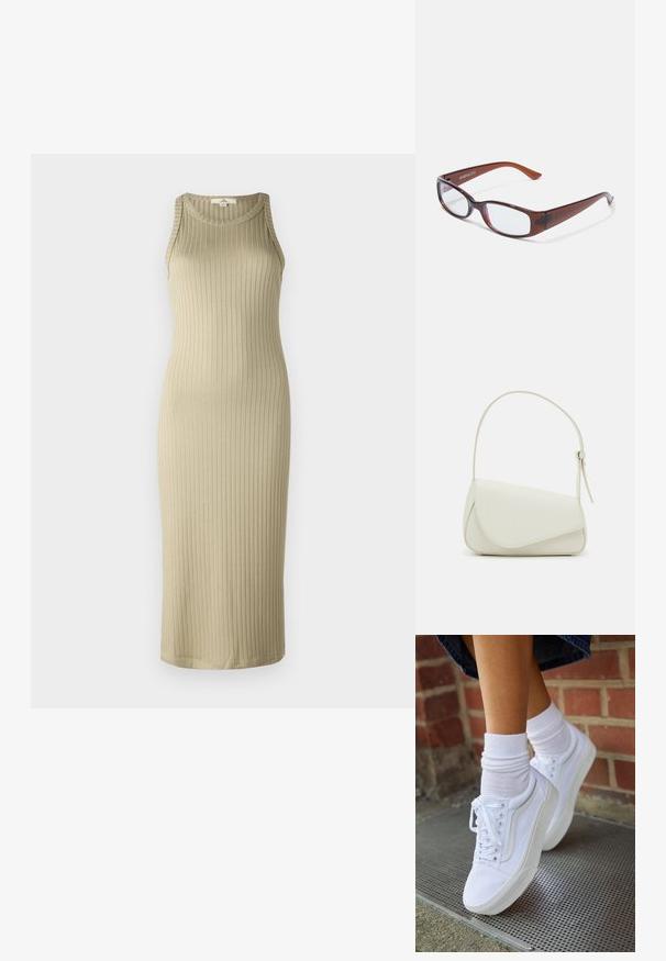 Ribbed, beige midimekko, jossa on tiukka siluetti, hihaton malli ja pyöreä kaula-aukko; valmistettu pehmeästä, joustavasta materiaalista.; Valkoiset kangaskengät kumipohjilla, joissa on kuusi silmukkaa, pyöreä kärki ja vaaleat ompeluseikat, yhdistettyinä valkoisiin nilkkasukkiin.; Bulan tints kejam berbentuk segi empat dengan permukaan mengkilap, menampilkan lengan ramping dan lensa telus. Logo terlihat di pelipis kiri.; Valkoinen keinonahkainen käsilaukku, jossa on jämäkkä kolmion muoto, yksi säädettävä olkahihna ja kaareva läppäkiinnitys.