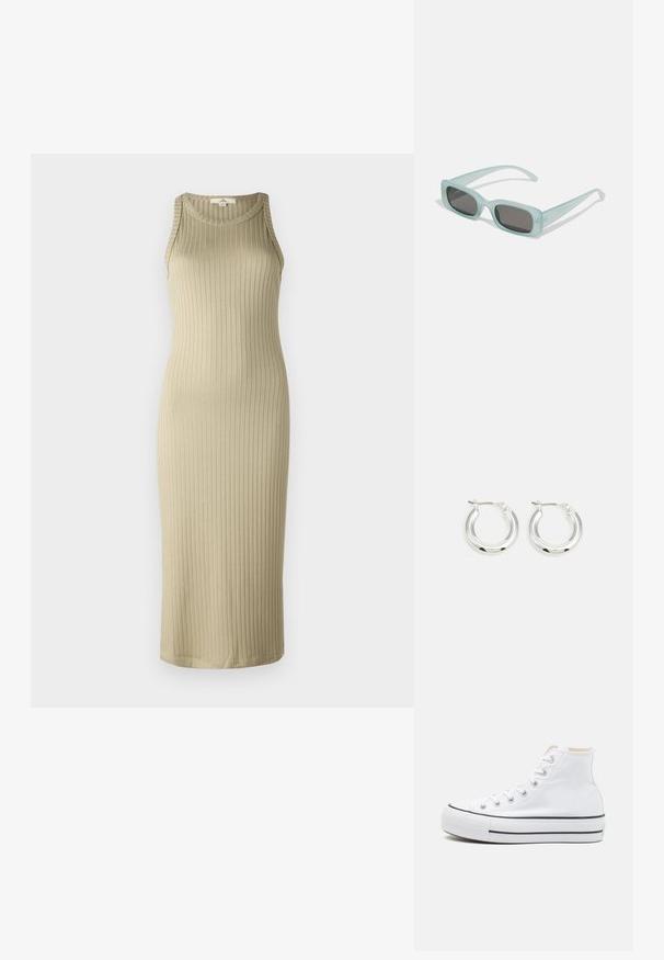 Ribbed, beige midimekko, jossa on tiukka siluetti, hihaton malli ja pyöreä kaula-aukko; valmistettu pehmeästä, joustavasta materiaalista.; Valkoiset korkeavartiset tennarit, joissa on kankainen päällinen, musta kumipohja ja kontrastivärinen musta raita keskikohdalla. Pyöreä varvastuki ja nauhakiinnitys.; Pari rektangulaarisia aurinkolaseja, joissa on vaaleansiniset läpinäkyvät kehykset ja tummanharmaat linssit. Aurinkolasit ovat suorat temppeleiltään ja niissä on minimaalinen varusteiden määrä.; Hopeaparin suorat korvakorut kiiltävällä pinnalla, jotka ovat pyöreän muotoisia ja joissa on saranakiinnitys. Pehmeä pinta ja vähäinen yksityiskohtaisuus.