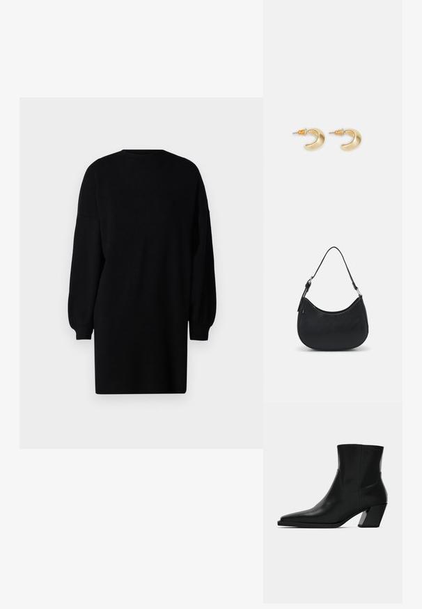 Schwarzes Strickkleid mit Rundhalsausschnitt, langen Puffärmeln und lockerer Passform. Glatte Textur ohne sichtbare Muster oder Hardware-Details.; Schwarze Leder-Stiefelette mit spitzem Zeh, schlanker Silhouette und klobigem quadratischem Absatz. Glatte Textur mit minimalen Nähdetails.; Schwarze Hobo-Tasche aus glattem Leder mit einer geschwungenen Silhouette, ausgestattet mit einem einzelnen verstellbaren Trageriemen und minimalistischem Design.; Goldene, mondförmige Ohrringe mit glatter Oberfläche, die orangefarbene Akzente nahe dem Stecker und silberne Beschläge aufweisen.