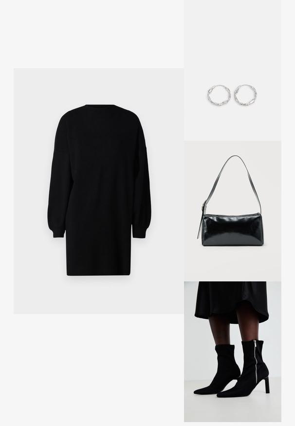 Schwarzes Strickkleid mit Rundhalsausschnitt, langen Puffärmeln und lockerer Passform. Glatte Textur ohne sichtbare Muster oder Hardware-Details.; Schwarze Ankle-Boots mit einem dehnbaren Stoff-Oberteil, spitzem Zehenbereich und seitlichem Reißverschluss, auf einem schlanken, hohen Absatz.; Schwarze rechteckige Schultertasche mit einem verstellbaren Riemen und einem oberen Reißverschluss vor einfachem Hintergrund.; Silberne Creolen mit einer welligen, unregelmäßigen Textur. Besitzen eine dünne, kreisförmige Form und eine reflektierende Oberfläche.