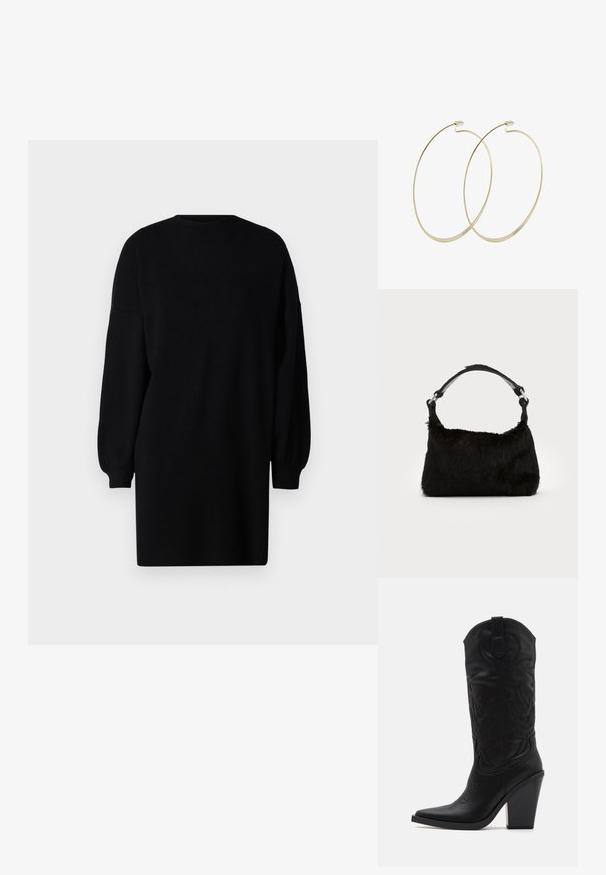 Sort strikket kjole med rund hals, lange puffede ærmer og en løs pasform. Glat tekstur uden synlige mønstre eller hardware detaljer.; Simmi London DANIQUE - Højhælede støvler - black; Sort faux fur håndtaske med en blød tekstur, rund form og en robust skulderrem i sort læder. Synlige sølvhardware-detaljer.; Pilgrim Øreringe - gold-coloured