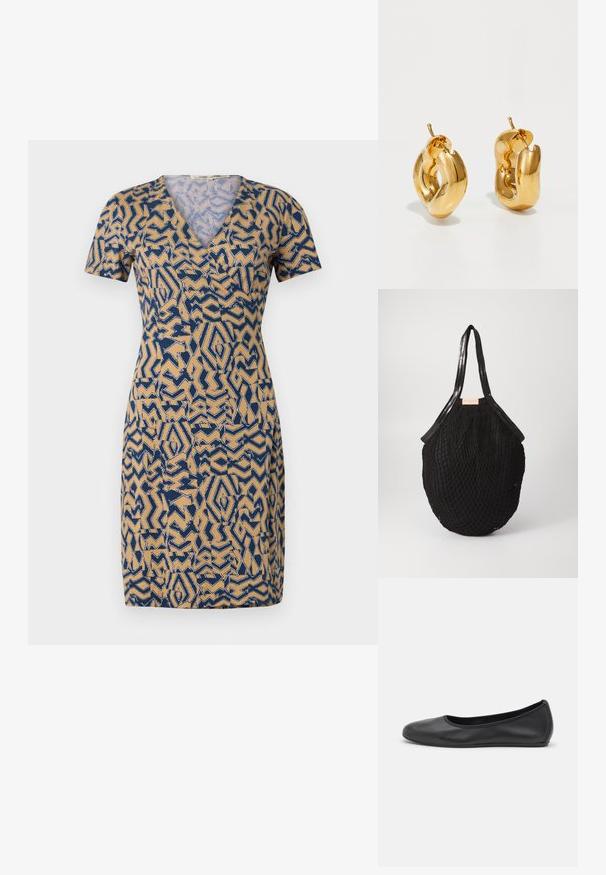 Robe à manches courtes beige avec un motif abstrait bleu, dotée d'un décolleté en V et d'une taille cintrée. Fabriquée en tissu léger.; Ballerines en cuir noir avec un bout rond, texture lisse, détails de couture minimalistes et design de semelle flexible.; Sac fourre-tout noir tissé en forme ovale, avec des poignées lisses et un design texturé en filet. Étiquette visible sur le côté.; Boucles d'oreilles créoles en or massif avec un design tubulaire légèrement tordu et des fermoirs à tige sur un fond blanc.