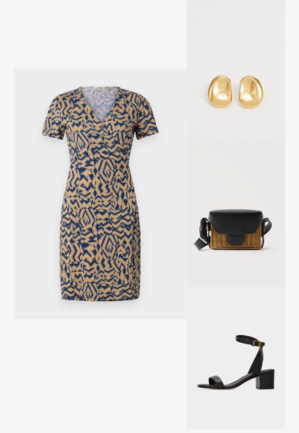 Robe à manches courtes beige avec un motif abstrait bleu, dotée d'un décolleté en V et d'une taille cintrée. Fabriquée en tissu léger.; Sandale noire à bout ouvert avec talon bloc et bride à la cheville ornée d'une petite boucle en or, vue de côté sur un fond uni.; Sac bandoulière rectangulaire en osier avec rabat en cuir noir et sangle réglable, présenté sur un fond clair uni.; Boucles d'oreilles en forme de clou de couleur or, avec une forme lisse et arrondie et une surface réfléchissante, mettant en avant un design minimaliste sans motifs visibles.
