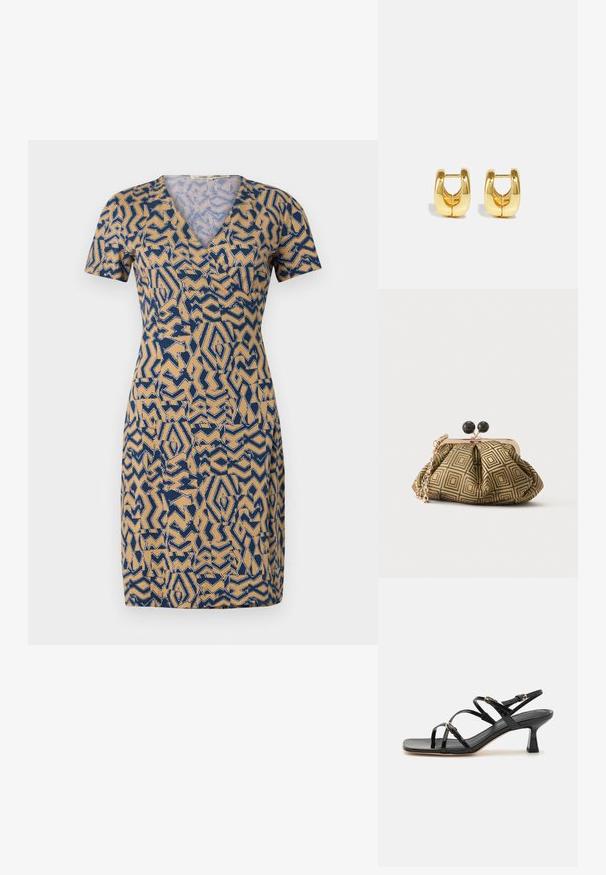 Korte mouwen jurk in beige met een blauw abstract patroon, met een V-hals en een aansluitende taille. Gemaakt van lichtgewicht stof.; Zwarte patenten leren sandalen met banden, een vierkante neus en een lage blokhak. Voorzien van goudkleurige hardware en verstelbare enkelsbandjes.; Kleine clutch tas met goud-zwart geometrisch patroon, goudkleurig metalen frame, zwarte bolsluiting en een korte gouden kettingband.; Gouden hoepeloorknoppen met een slank, rond ontwerp. Heeft een holle center en een glanzend oppervlak, wat modern stijlen aanvult.