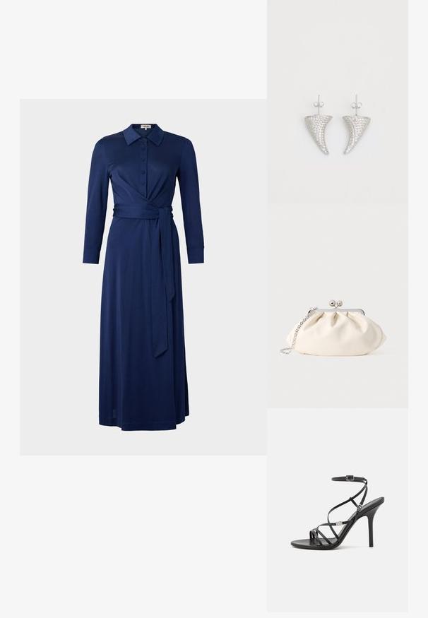 Dunkelblaues Kleid mit Kragen, langen Ärmeln, durchgehender Knopfleiste und Taillengürtel. Hat ein Wickeldesign und eine glatte Textur. Die Länge reicht bis zur Mitte der Wade.; Schwarze High-Heel-Sandale mit dünnen Riemen, einem Knöchelverschluss, einer glatten Lederoberfläche und einem schlanken Stiletto-Absatz.; Cremefarbene Stoff-Clutch mit gerafftem Design, silbernem Metallrahmen, zwei dekorativen Kugeln und einem silbernen Kettenriemen.; Silberne, hornförmige Ohrringe, besetzt mit kleinen klaren Steinen, mit einem Steckverschluss zur Befestigung. Glatte Textur und metallisches Finish.
