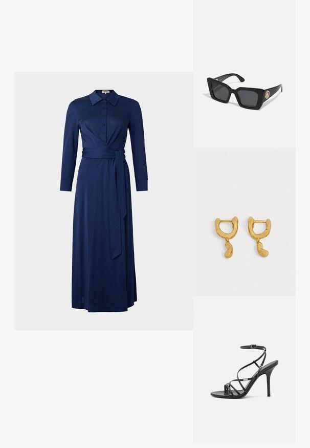 Vestido azul marino con cuello, mangas largas, cierre frontal de botones y cinta en la cintura. Presenta un diseño envolvente y una textura suave. La longitud llega hasta media pantorrilla.; Sándalo negro de tacón alto con tiras finas, hebilla en el tobillo, superficie de cuero suave y tacón de aguja esbelto.; Gafas de sol cuadradas negras con lentes oscuros y brazos negros brillantes. Presenta un acento de hardware circular dorado en el lateral. Textura suave en general.; Par de pequeños pendientes de aro en tono dorado con dijes irregulares en forma de frijol colgando de cada aro sobre un fondo neutro.