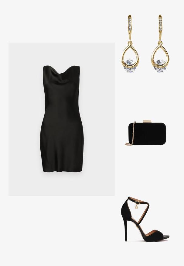 Schwarzes Satin-Kleid mit Cowl-Ausschnitt. Das Design ist figurbetont, hat eine glatte Textur und eine kurze Länge, die eine schlanke, minimalistische Silhouette zur Geltung bringt.; Schwarze Wildleder-Hochzeitsandaletten mit gekreuzten Knöchelriemen, goldenen Beschlägen, offenem Zehendesign und einer glatten Lederinnensohle.; Schwarze Samt-Clutch mit goldfarbener Hardware, rechteckiger Form und Kettenriemen, mit glatter Textur und ohne sichtbare Muster.; Goldene Tropfenohrringe mit runden, klaren Edelsteinen an der Basis. Texturierter Oberbereich mit kleinen, runden Akzenten entlang des Creolen.