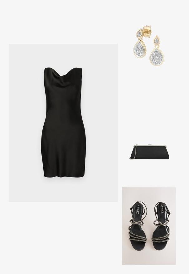 Vestido de satén negro con escote drapeado. El diseño es ajustado, de textura suave y corto, mostrando una silueta elegante y minimalista.; Sandalias negras con tiras y detalles metálicos. Cuentan con una plantilla de textura suave y múltiples tiras decoradas que crean una apariencia en capas.; Bolso de mano negro largo con marco metálico plateado y correa de cadena colocado sobre un fondo blanco.; Pendientes en forma de lágrima con un marco dorado y acentos plateados, adornados con múltiples piedras redondas brillantes en una disposición decorativa.