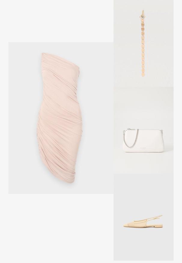 Robe bustier froncée en tissu rose pâle, avec une silhouette ajustée, une texture lisse et un design asymétrique avec des détails froncés sur un côté.; Chaussure plate slingback en beige clair avec une tige en maille, un bout pointu et un petit talon. Dotée d'une sangle ajustable pour un bon maintien.; Pochette en cuir blanc avec une chaîne en métal argenté, fermeture zippée et un logo discret sur le devant. Texture lisse et forme rectangulaire.; Boucles d'oreilles pendantes dorées présentant un design circulaire tout au long de leur longueur, avec une pierre précieuse claire scintillante en haut. Texture métallique lisse.