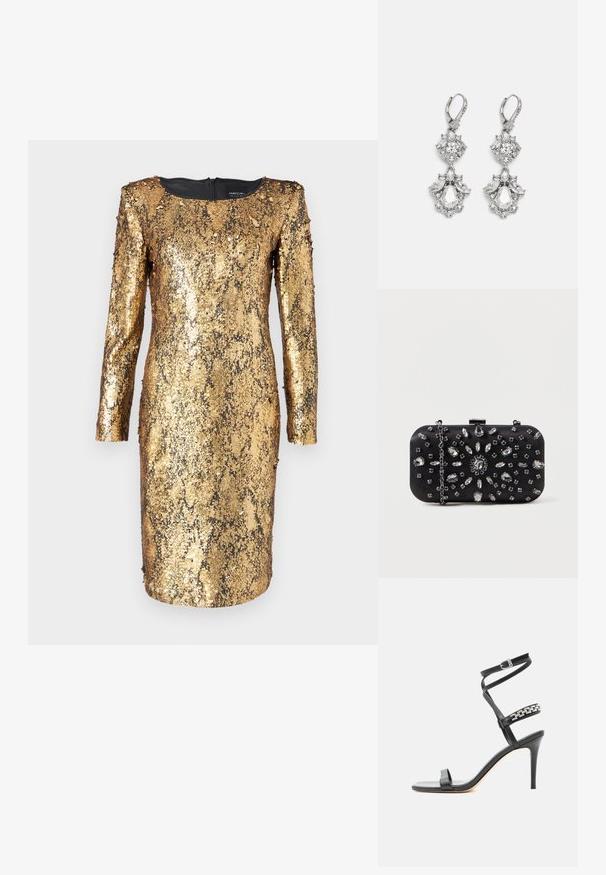 Robe en sequins dorés avec manches longues, coupe au genou, encolure ronde et doublure intérieure noire lisse. Surface texturée et accrocheuse.; Sandale noire à talon haut avec fine bride à la cheville, bride médiane décorée de maillons de chaîne argentés, et design à bout ouvert.; Pochette noire de forme rectangulaire, ornée de divers strass disposés en motifs floraux, dotée d'une chaîne en argent pour le transport.; Boucles d'oreilles en métal argenté ornées de plusieurs pierres précieuses en cristal transparent en forme de goutte et de marquise, avec des fermoirs à levier et des détails complexes.