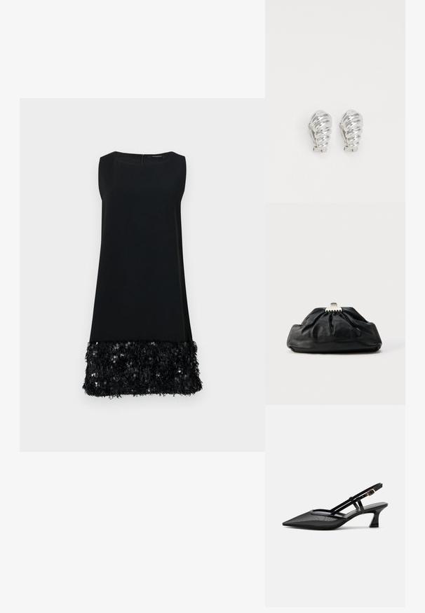 Robe sans manches noire avec une partie supérieure lisse et un ourlet texturé garni de sequins, dotée d'un col rond et d'une fermeture éclair au dos.; Chaussure slingback noire à bout pointu avec tige en mesh, fines brides, boucle dorée et petit talon incurvé sur fond blanc.; Pochette en cuir noir avec une texture plissée, fermeture à fermoir métallique, et logo embossé discret sur le devant. Forme arrondie.; Boucles d'oreilles en clip argentées avec un design en spirale, présentant une texture métallique lisse et des formes arrondies. Pas d'embellissements ou de motifs visibles.