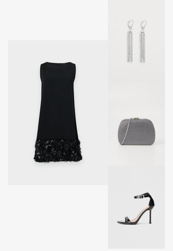 Robe sans manches noire avec une partie supérieure lisse et un ourlet texturé garni de sequins, dotée d'un col rond et d'une fermeture éclair au dos.; Sandale à talon haut en cuir verni noir avec bride à la cheville. Présente un design minimaliste, un bout ouvert et une boucle ornée de strass.; Pochette texturée noir et blanc de forme arrondie, avec une chaîne en métal argenté et un fermoir en métal en haut.; Boucles d'oreilles en argent avec deux barres allongées, chacune sertie de petites pierres en strass transparentes dans un motif linéaire. Fermeture à crochet.