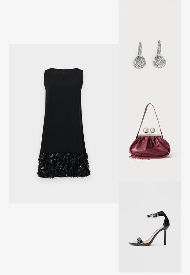 Robe sans manches noire avec une partie supérieure lisse et un ourlet texturé garni de sequins, dotée d'un col rond et d'une fermeture éclair au dos.; Sandale à talon haut en cuir verni noir avec bride à la cheville. Présente un design minimaliste, un bout ouvert et une boucle ornée de strass.; Petit sac à main en cuir bordeaux avec des détails froncés, une fine bandoulière et une fermeture argentée comportant deux gros boutons ronds.; Boucles d'oreilles créoles en argent avec des pendentifs ronds et plats incrustés de petits cristaux clairs sur un fond clair uni.