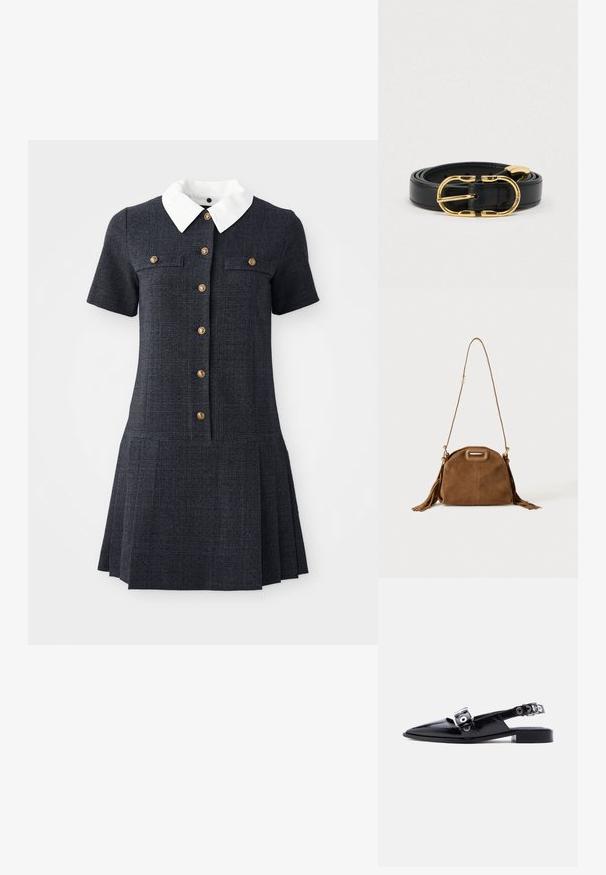 Robe à carreaux marine avec des manches courtes, un col blanc et cinq boutons dorés. La jupe plissée ajoute de la texture et du contraste.; Ballerine pointue en cuir verni noir avec double boucle argentée et talon slingback sur fond blanc.; Sac à épaule en daim marron avec une longue bandoulière, une découpe rectangulaire de la poignée et des détails à pompons sur les côtés sur fond blanc.; Ceinture en cuir noir avec une boucle dorée arrondie, présentant plusieurs trous pour l'ajustement et une texture lisse.