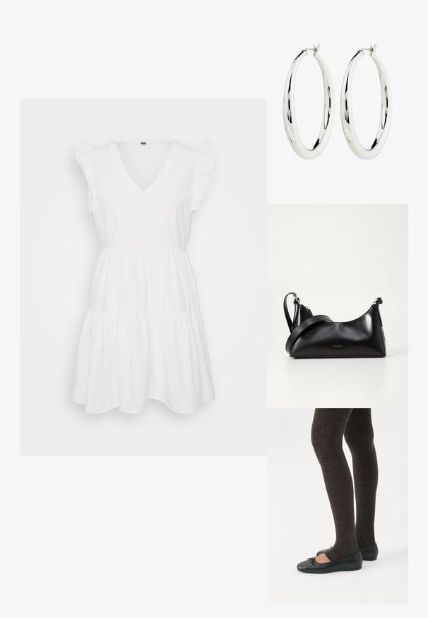 Vestido de algodón blanco con escote en V, mangas cortas con volantes y un diseño en capas. Textura suave con una forma fluida.; Piernas con leggings oscuros acanalados combinados con bailarinas negras que presentan pequeños detalles de lazo sobre un fondo blanco.; Bolso de mano de cuero negro con una textura suave. Cuenta con una correa ajustable y un diseño elegante y minimalista con cierre de cremallera.; Pendientes de aro de plata con una superficie lisa y reflectante. Forma redonda y grande con un cierre seguro en la parte superior. El acabado pulido resalta el brillo.