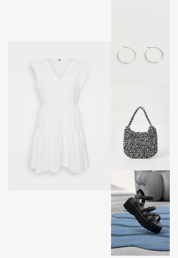 Vestido de algodón blanco con escote en V, mangas cortas con volantes y un diseño en capas. Textura suave con una forma fluida.; Sandalia de plataforma negra con tres correas ajustables con hebillas, colocada sobre una alfombra azul texturizada con fondo desenfocado.; Bolso de mano tejido en blanco y negro con forma redondeada, superficie texturizada y asa trenzada. Adecuado para uso casual.; Pendientes de aro de metal plateado con superficie lisa y ligeramente curvada y cierre de tipo mosquetón sobre un fondo blanco liso.