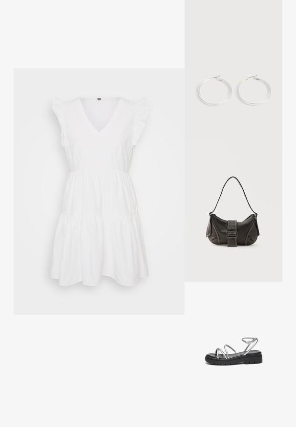 Vestido de algodón blanco con escote en V, mangas cortas con volantes y un diseño en capas. Textura suave con una forma fluida.; Sandalias de tiras metálicas plateadas con una suela negra gruesa, que cuentan con múltiples tiras delgadas y una hebilla ajustable en el tobillo.; Bolso de hombro de cuero negro con detalle de correa con hebilla, bordes curvos y costuras blancas en contraste sobre un fondo liso.; Pareja de pendientes de aro plateados brillantes con cierres de alambre delgado, mostrados sobre un fondo gris claro.
