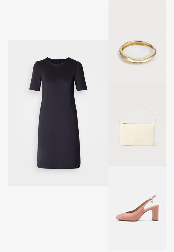 Robe bleu marine à manches courtes, encolure ronde et deux poches latérales. Tissu doux et lisse avec une coupe décontractée et un design longueur genoux.; Escarpin slingback en cuir rose avec talon bloc, bout pointu, bride cheville avec boucle dorée et petit pendentif suspendu.; Sac à main rectangulaire de couleur crème avec une seule sangle et une fermeture éclair sur le dessus, comportant une petite plaque de logo embossé à l'avant.; Bracelet jonc doré avec un design lisse et arrondi. Présente une finition polie et un dos ouvert pour un enfilage facile.