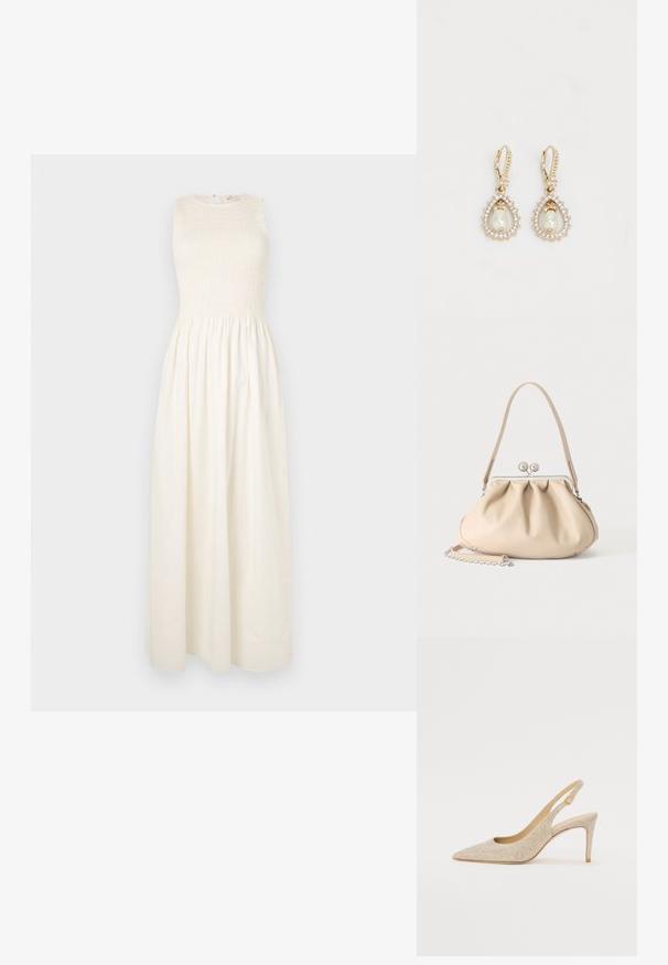 Lang, mouwloos crèmekleurig jurk met een smocked lijfje en een vloeiende rok. Heeft een ronde halslijn en een sleutelgat sluiting op de rug.; Puntige slingback schoen in metallic gouden stof met subtiele textuur, met een slanke hak en een ronde sluiting bij de enkel.; Beige zachte leren handtas met een zilveren metalen frame sluiting, een enkele schouderriem en een optionele kettingriem op een witte achtergrond.; Goudkleurige oorbellen met een druppelontwerp, met een centrale parel omringd door kleine heldere kristallen. Scharnier sluiting.