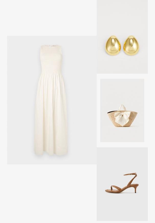 Robe longue sans manches de couleur crème avec un corsage smocké et une jupe fluide. Présente un décolleté rond et une fermeture en goutte d'eau au dos.; Sandale en cuir marron avec lanières, talon bas en forme de petit escarpin et bride à la cheville avec une petite boucle, vue de côté sur un fond uni.; Sac cabas en paille tissée avec des poignées en tissu crème et un grand nœud décoratif crème à l'avant, sur un fond uni.; Boucles d'oreilles clous de couleur or avec une surface lisse et polie, en forme de goutte d'eau, réfléchissant la lumière pour un fini éclatant.
