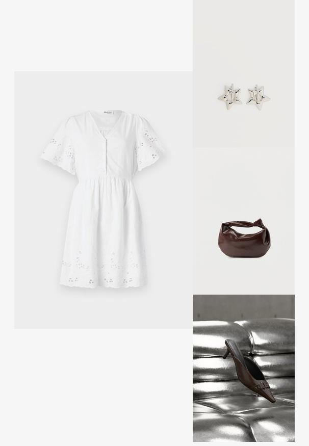 Vestido corto blanco de manga corta con escote en V, cierre de botones, cintura fruncida y patrones florales bordados en las mangas y el dobladillo.; Mule de tacón marrón con punta puntiaguda y detalle de hebilla, flotando sobre una superficie de cuero plateado brillante y capitoné.; Bolso de hombro de cuero marrón oscuro con una forma suave y caída, y un asa con nudo torcido sobre un fondo blanco liso.; Pendientes de aro plateados en forma de estrella con un acabado liso y pulido sobre un fondo blanco liso.