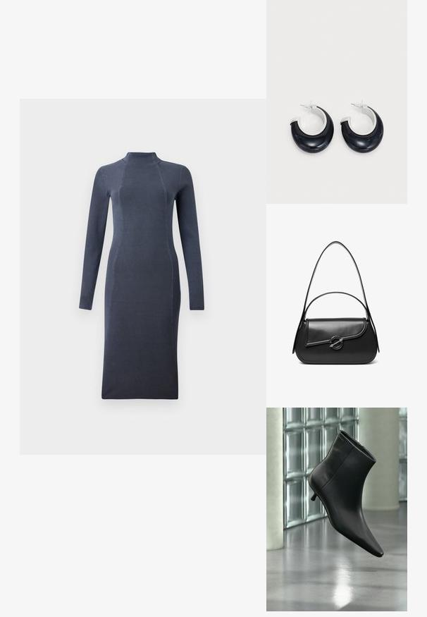 Dunkelgraues langärmliges Strickkleid mit Stehkragen und taillierter Silhouette, das eine subtile Ripptextur und vertikale Nahtdetails aufweist.; Schwarzer Leder-Stiefelette mit spitzer Zehenpartie und niedrigem Kitten-Heel, schräg dargestellt vor einem polierten Boden und einer Glasbausteinwand.; Schwarze Lederschultertasche mit einer geschwungenen Klappe, die durch einen runden Metallverschluss gesichert ist, und einem schlanken, verstellbaren Riemen.; Schwarze Harz-Hoops mit glänzender Oberfläche und silberfarbenen Hardware-Details. Zirkulare Form mit Ausschnitt und Post-Back-Verschluss.