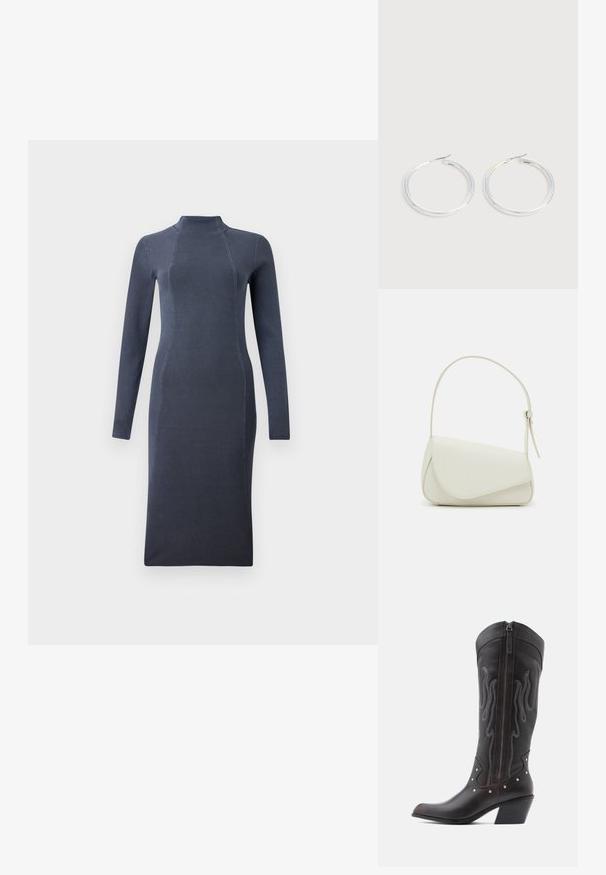 Dunkelgraues langärmliges Strickkleid mit Stehkragen und taillierter Silhouette, das eine subtile Ripptextur und vertikale Nahtdetails aufweist.; Braune Cowboy-Stiefel aus Leder mit Flammenstickerei, seitlichem Reißverschluss, silbernen Nieten, spitzer Zehenpartie und geschichtetem Absatz.; Weiße Kunstleder-Handtasche mit einer strukturierten dreieckigen Form, einem verstellbaren Einzelgurt und einem Klappenverschluss mit geschwungenen Akzenten.; Paar glänzende silberne Creolen mit dünnen Drahtverschlüssen, dargestellt vor einem hellgrauen Hintergrund.
