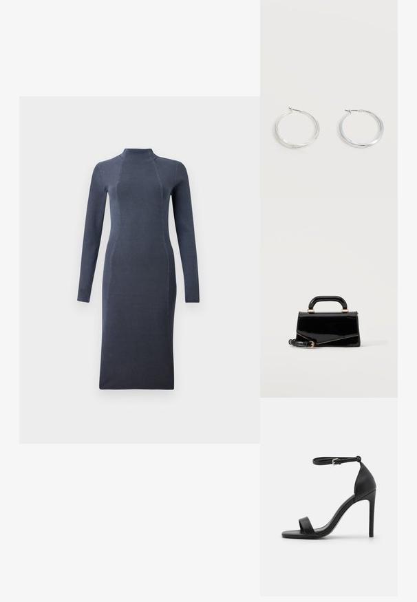 Dunkelgraues langärmliges Strickkleid mit Stehkragen und taillierter Silhouette, das eine subtile Ripptextur und vertikale Nahtdetails aufweist.; Schwarze hochhackige Sandale mit elegantem Design, featuring einem Knöchelriemen, offener Zehenpartie und glattem Lederfinish.; Schwarze glänzende rechteckige Handtasche mit oberem Griff, goldener Hardware und abnehmbarem Riemen, auf hellem einfarbigem Hintergrund platziert.; Silberne Metallcreolen mit glatter, leicht gebogener Oberfläche und Klappverschluss vor schlicht weißem Hintergrund.